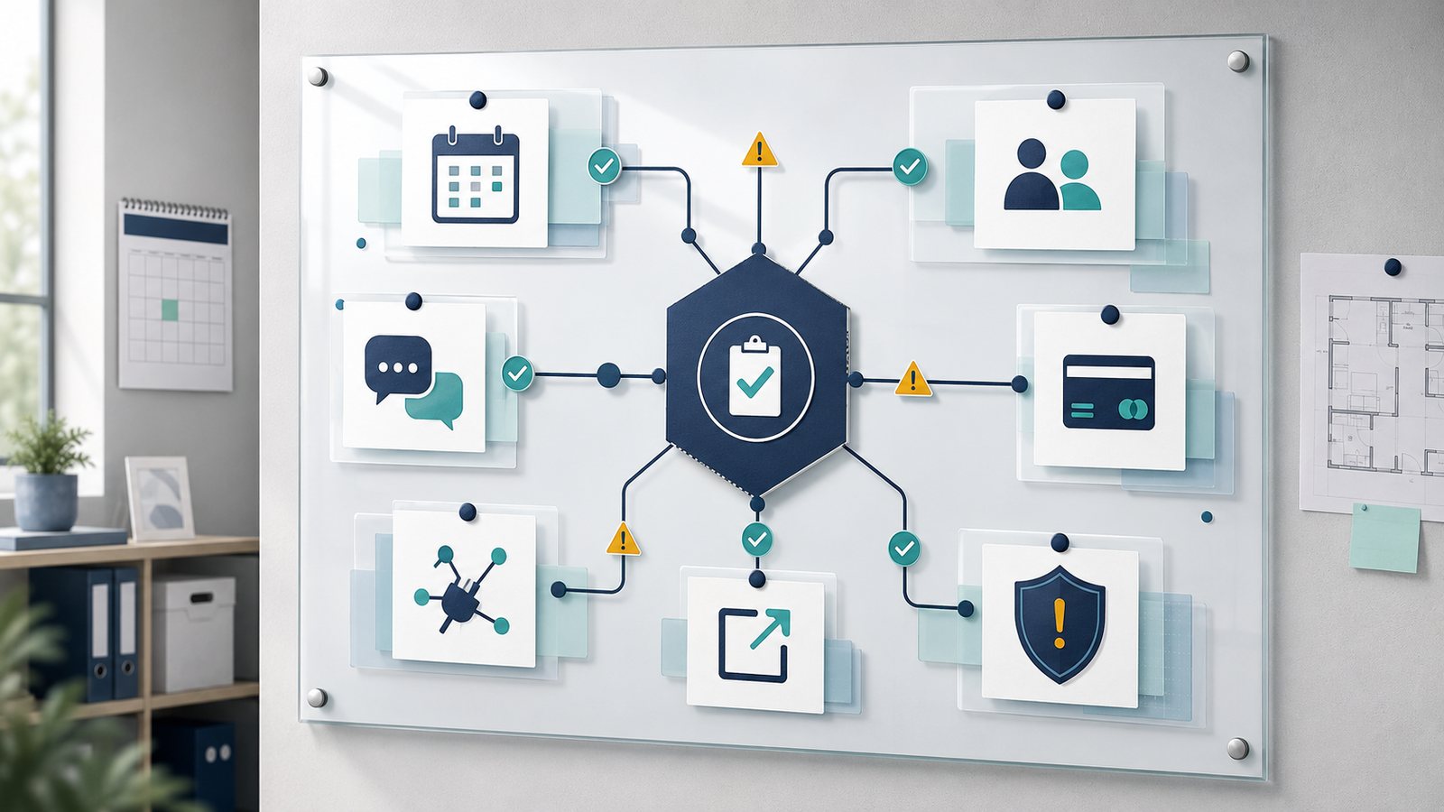 Cleaning business software selection framework with scheduling, team access, communication, payments, integrations, and risk checkpoints