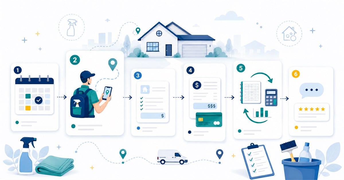 Housecall Pro review illustration for residential cleaning business scheduling, invoicing, accounting, and reviews