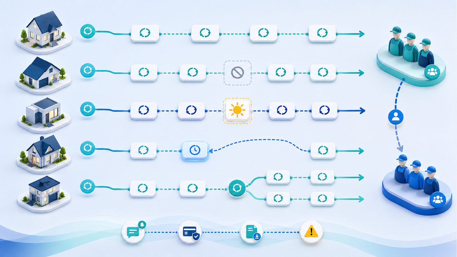 Recurring scheduling workflow illustration for residential cleaning teams with recurring visits, skipped visits, cleaner reassignment, reminders, payments, exports, and risk checkpoints