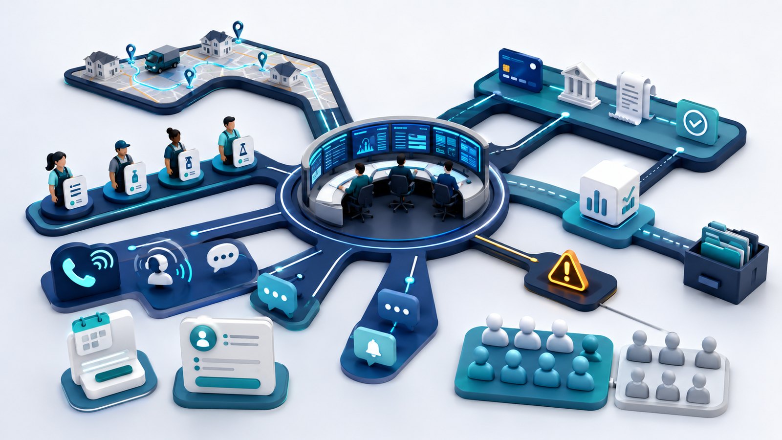 Workiz cleaning software analysis illustration showing scheduling, dispatch, phone and SMS communication, payments, accounting, team access, data export, and risk checkpoints.