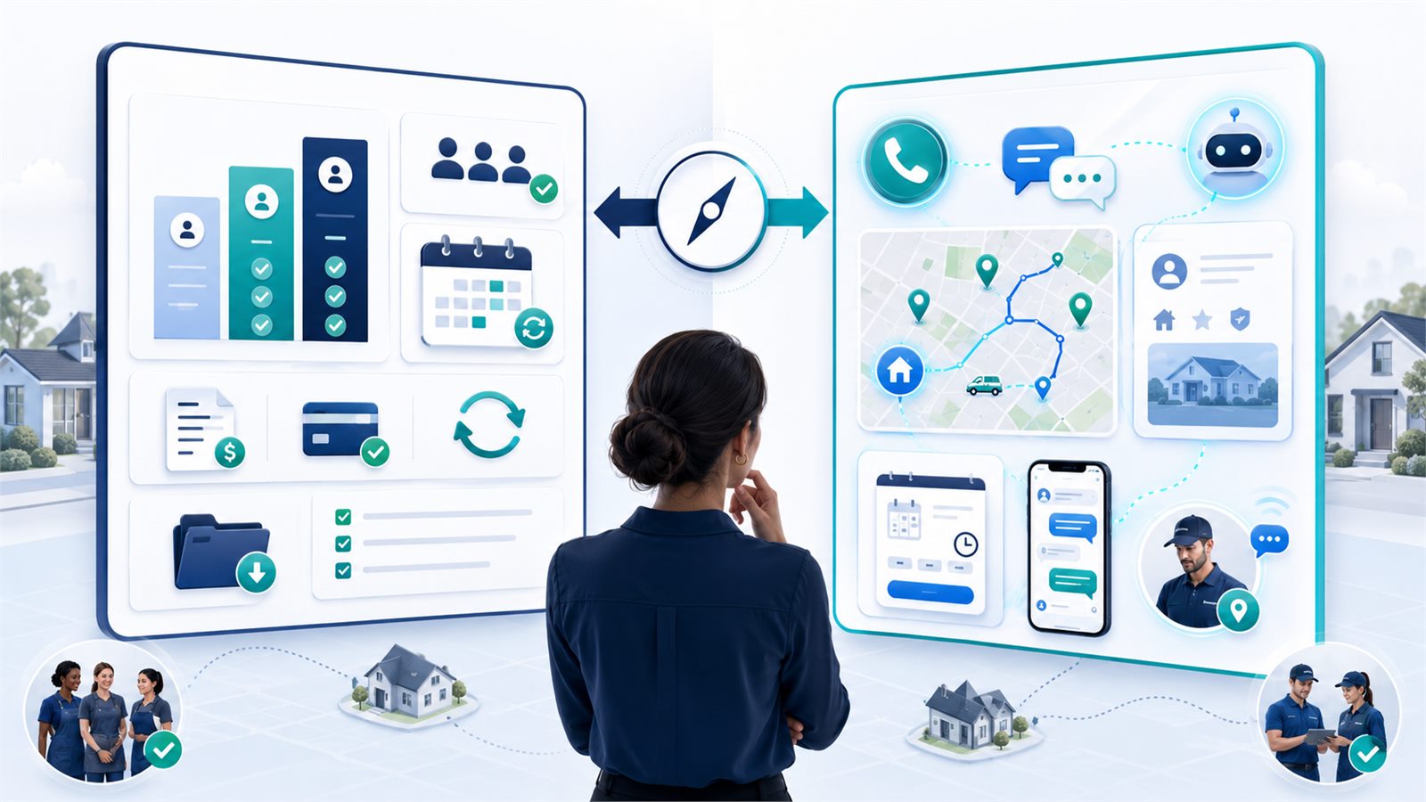 Housecall Pro vs Workiz comparison illustration showing structured pricing and field-service workflow on one side and communication-heavy dispatch, phone, AI, and client portal operations on the other