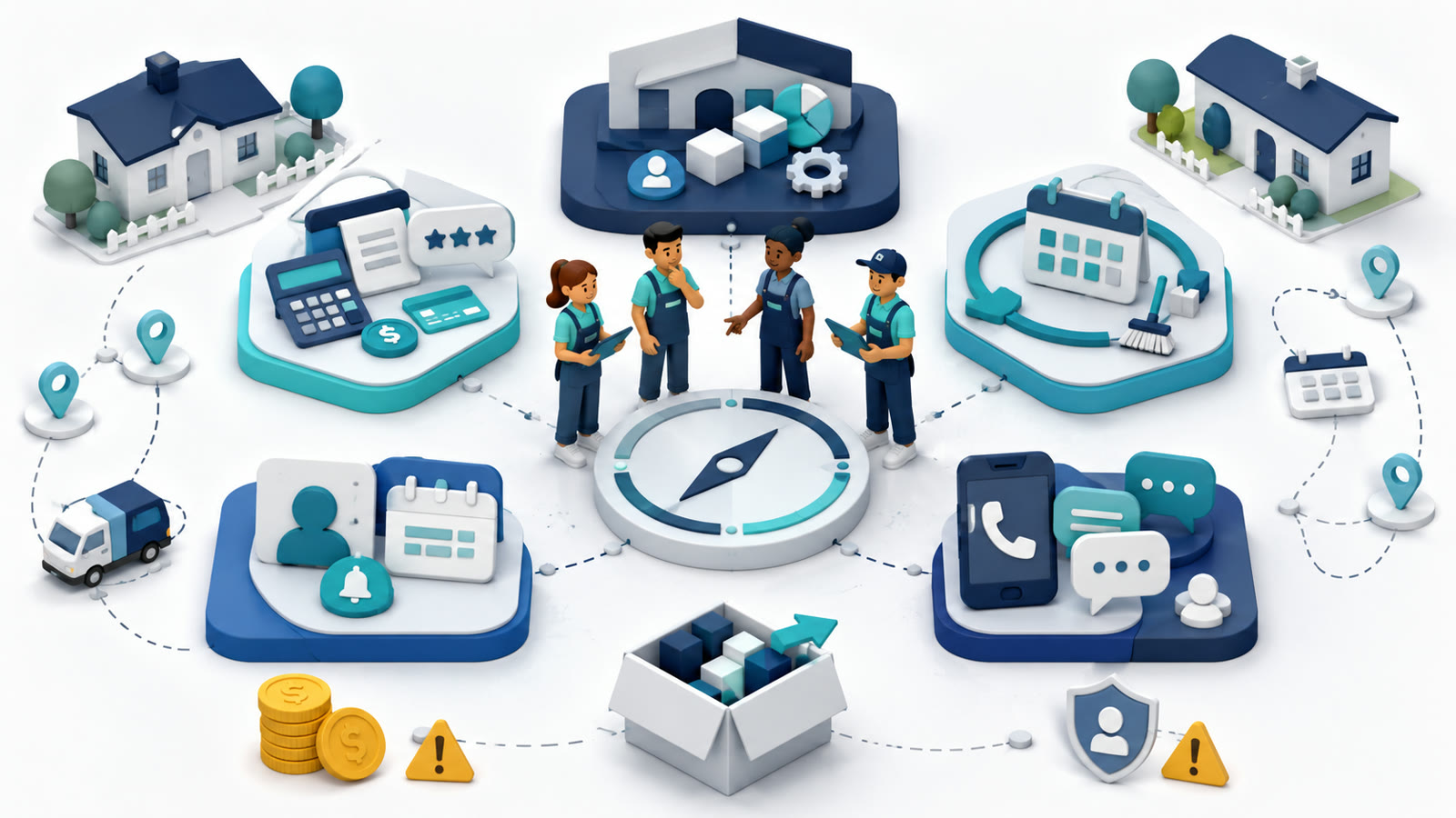 Best cleaning business software shortlist illustration showing a small residential cleaning team comparing operations, recurring scheduling, booking, communications, payments, and pricing risk.