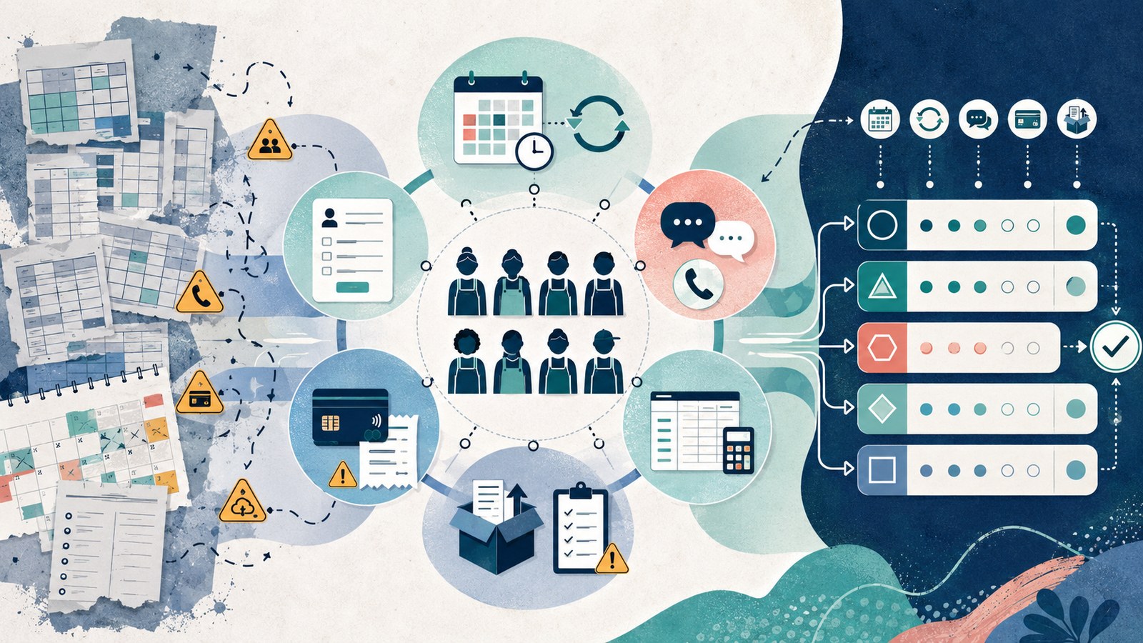 Best cleaning business software shortlist illustration showing a 6-10 person residential cleaning team moving from spreadsheets to scheduling, payments, communications, exports, and a software decision matrix.
