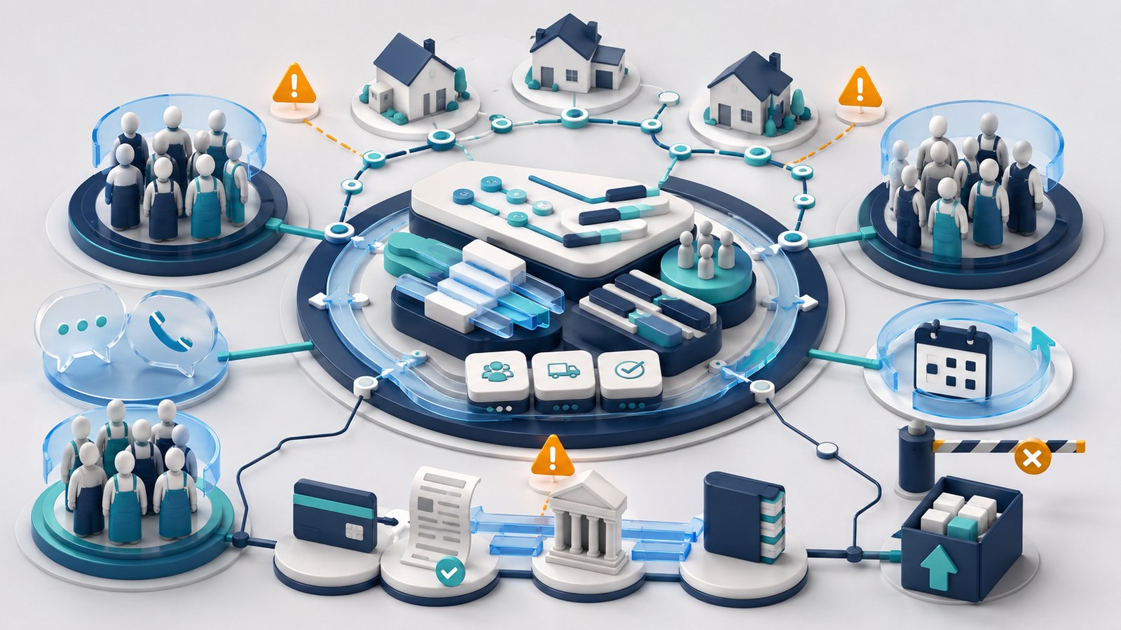 Best cleaning business software shortlist illustration showing an 11-20 person residential cleaning team comparing scheduling, team access, routes, communications, payments, accounting, exports, and operational risk.