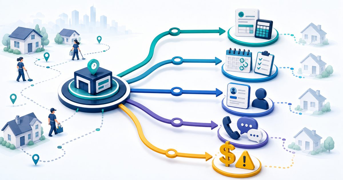 Jobber alternatives decision-map illustration for residential cleaning teams comparing pricing, recurring scheduling, booking, communications, and hidden-cost risks.