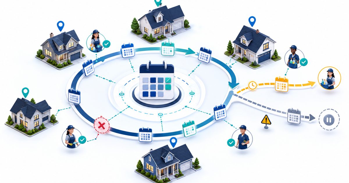 Recurring residential cleaning scheduling software illustration showing homes, repeat calendar loops, cleaner assignments, rescheduled visits, skipped visits, reminders, and route pins.