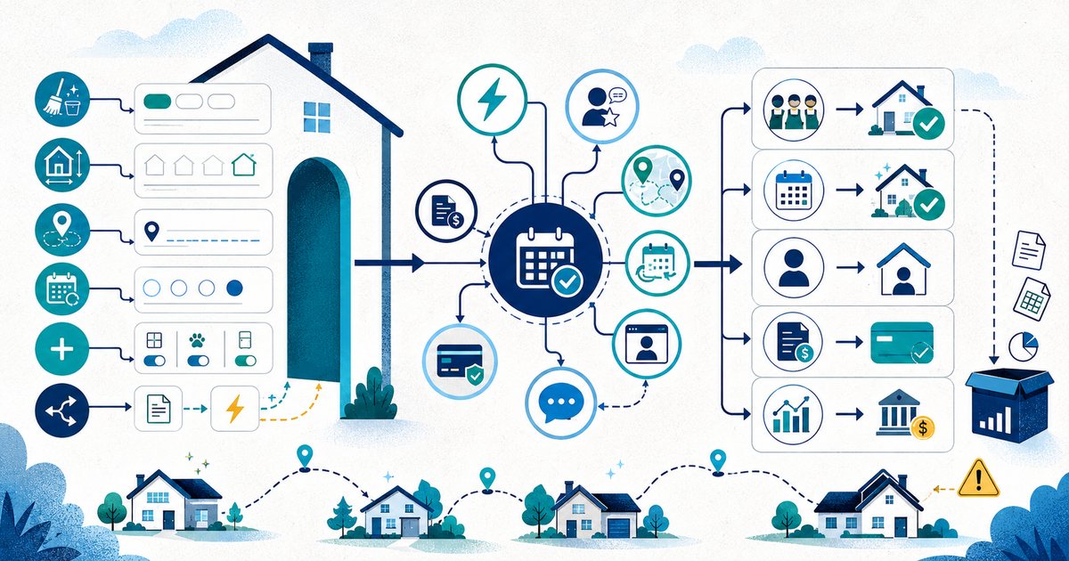 Online booking software workflow illustration for residential cleaning companies showing booking forms, quote requests, instant booking, cleaner availability, recurring service choices, reminders, payments, customer self-service, and export risk.