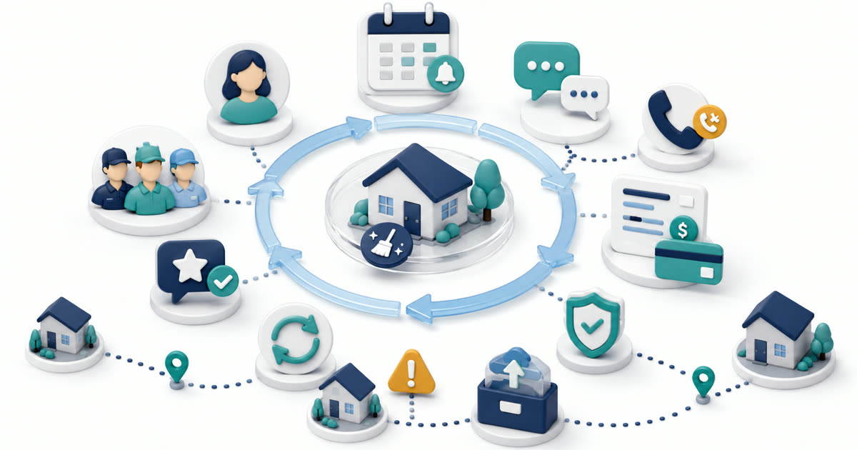 Customer reminder and follow-up tools workflow illustration for residential cleaning businesses showing reminders, SMS, phone follow-up, quotes, invoices, payments, reviews, customer self-service, consent, and export risk.