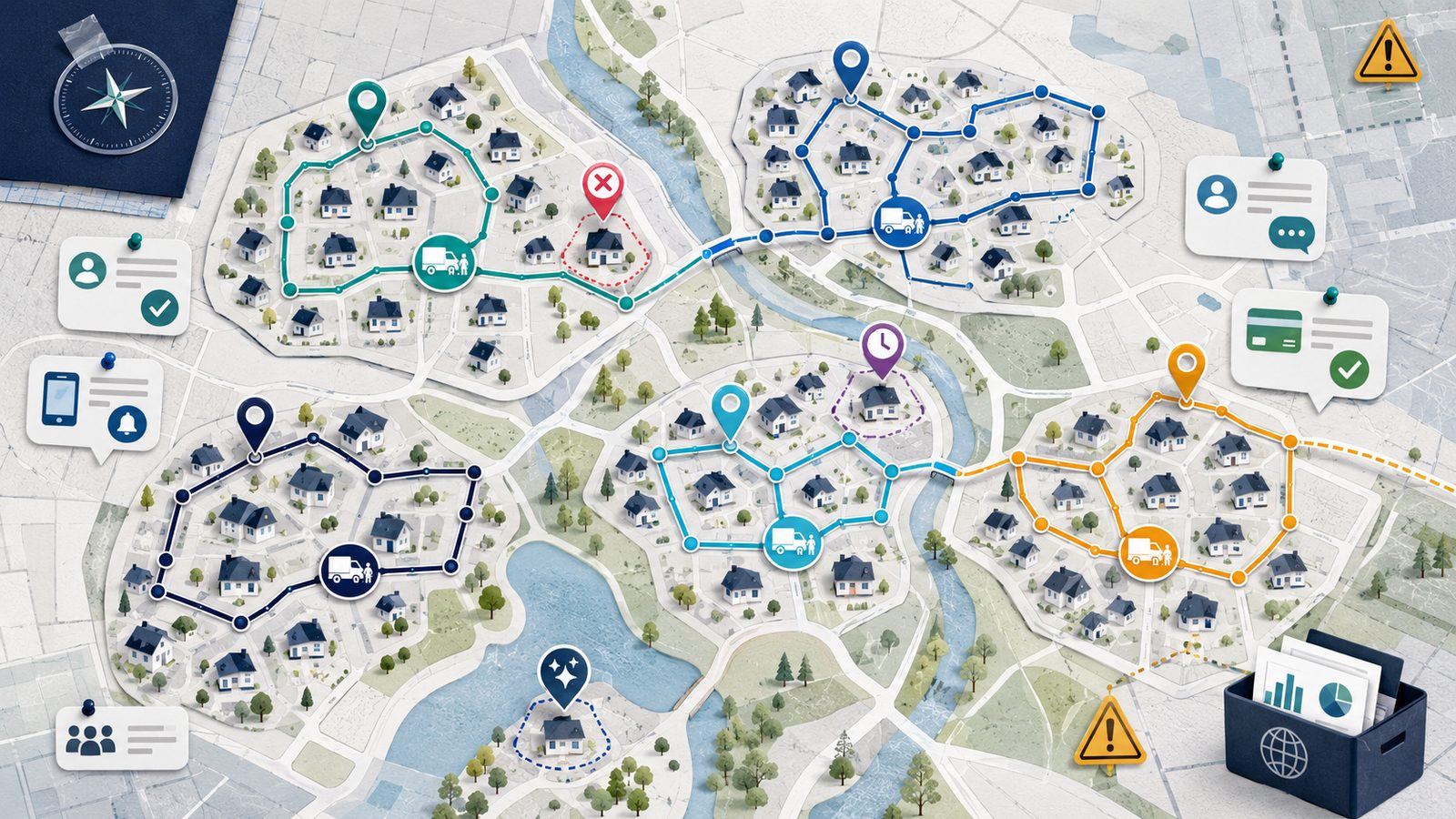Route-planning workflow illustration for multi-crew residential cleaning teams showing neighborhood clusters, recurring routes, crews, map pins, mobile job details, customer reminders, payments, GPS and drive-time cautions, and export risk.