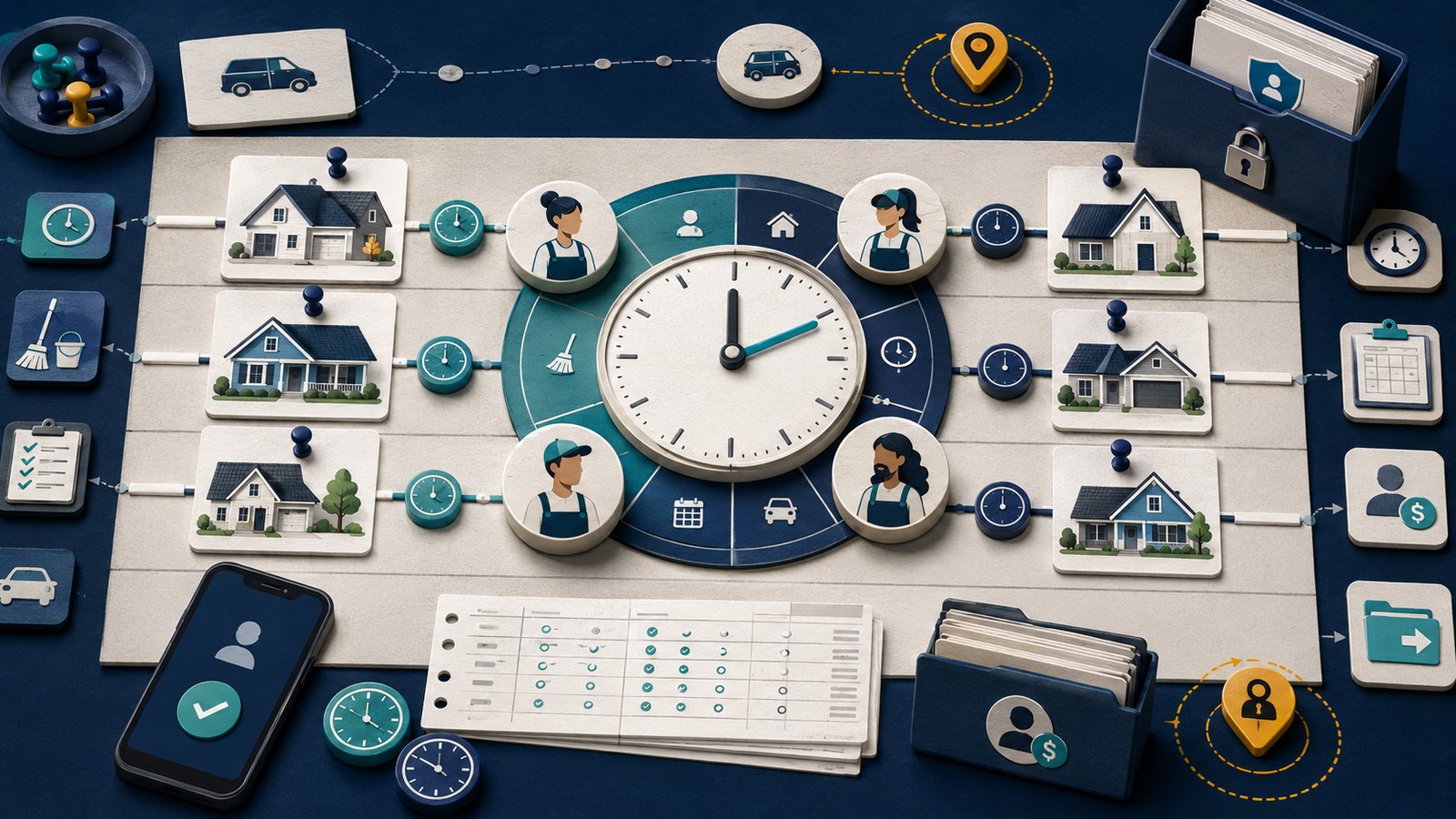 Time tracking and team assignment software illustration for residential cleaning companies showing cleaner assignment tokens, job cards, clock-in workflow, timesheets, mobile check-in, payroll handoff, GPS caution, and export risk.
