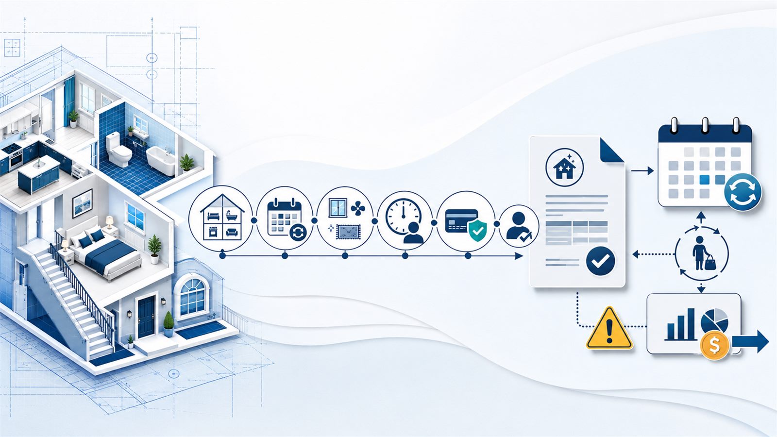 Estimating and quote software workflow illustration for residential cleaners showing home details, cleaning scope, schedule, add-ons, labor time, customer approval, payment, recurring job setup, reporting, and pricing risk.