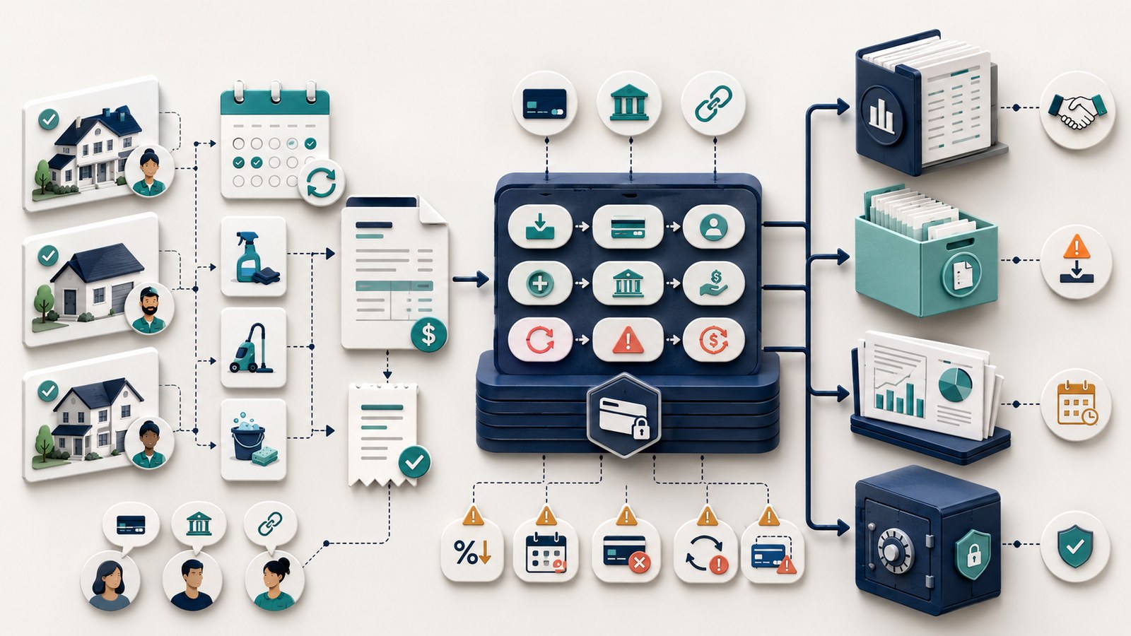 Invoicing and payment software workflow for residential cleaning businesses showing job-linked invoices, card and bank payments, reminders, accounting handoff, exports, data security, and payment-risk cautions.