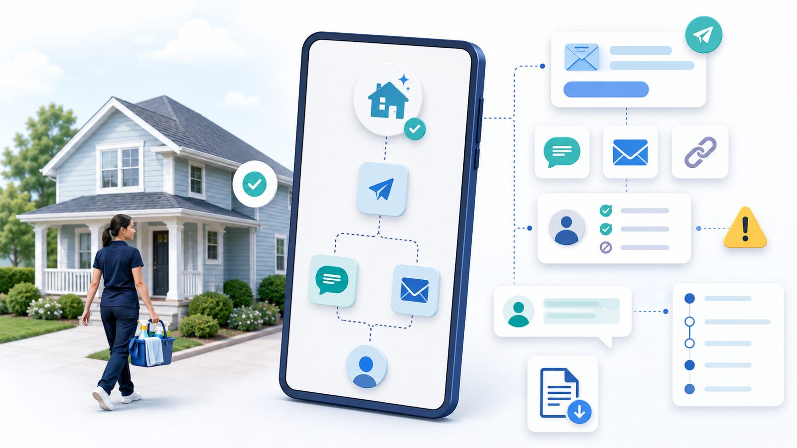Review request software workflow illustration for local cleaning companies showing a completed residential cleaning, smartphone SMS and email review requests, review link, opt-out checklist, export history, and compliance caution.