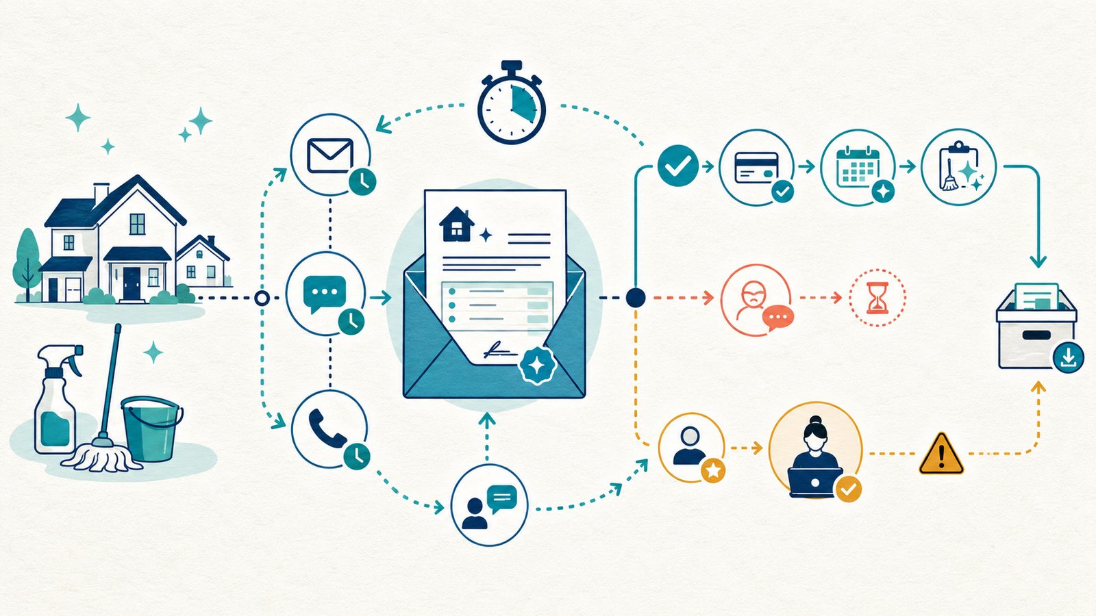 Quote follow-up automation workflow for a residential cleaning business showing reminders, customer replies, approval, payment handoff, recurring scheduling, export risk, and human review checkpoints.