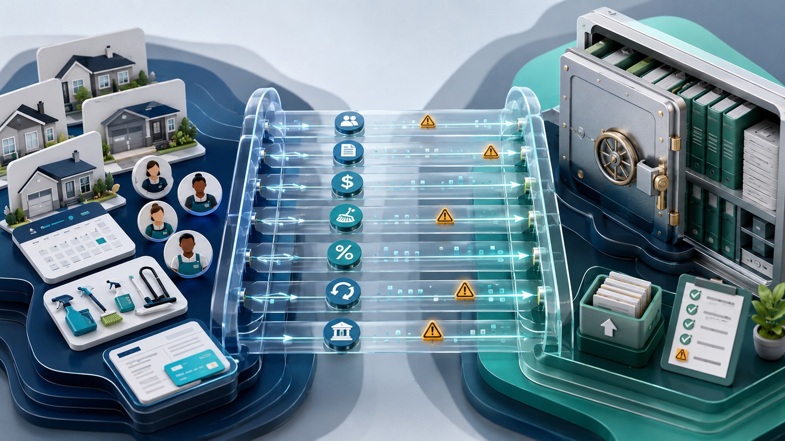 Cleaning business software data pipeline showing customers, invoices, payments, service items, warnings, exports, and accounting records syncing into a bookkeeping vault.