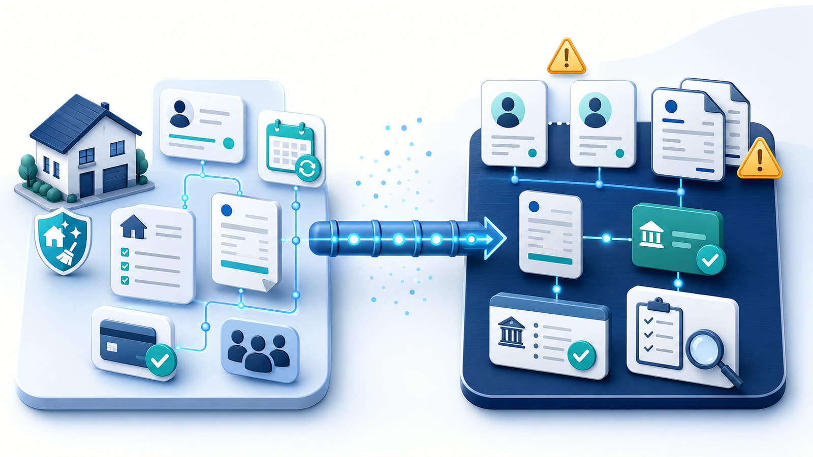 Jobber QuickBooks setup workflow illustration showing residential cleaning operations syncing toward accounting records, with duplicate customer, invoice, payment, export, and reconciliation risk warnings.
