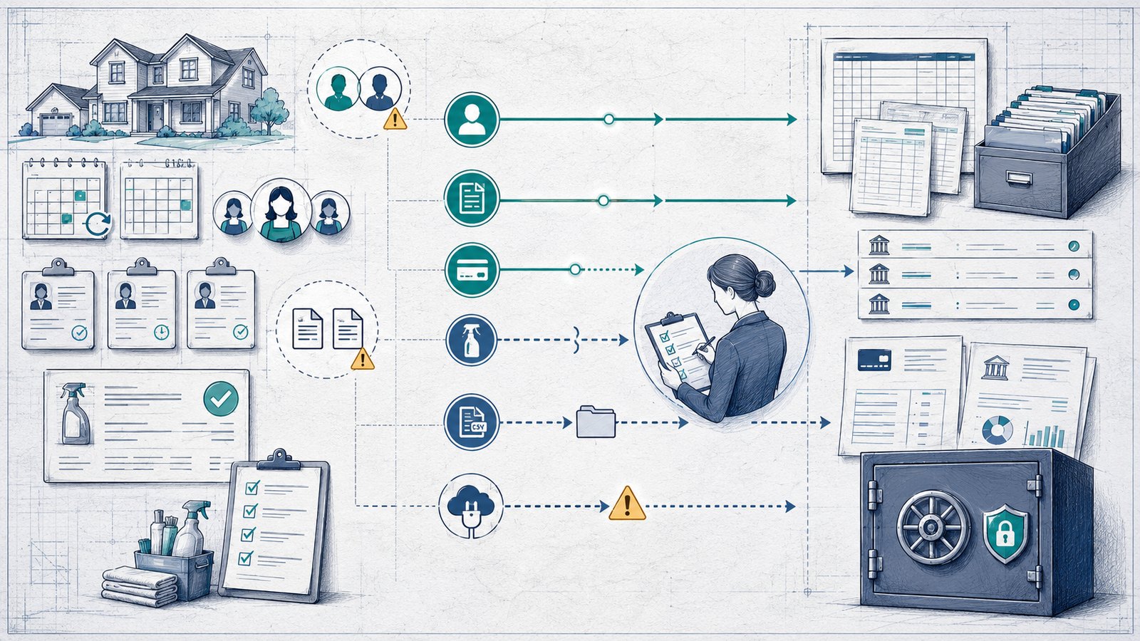 Cleaning business records flowing from scheduling, customer, invoice, payment, CSV export, and connector paths into accounting files with manual review and duplicate-risk warnings.