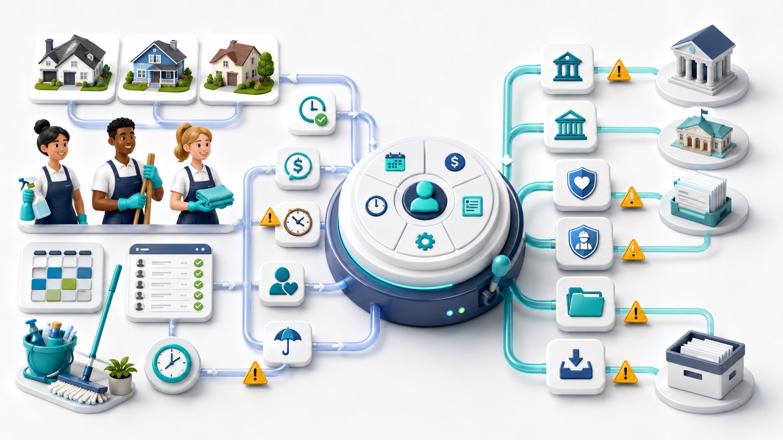 Payroll software workflow for a residential cleaning company showing cleaner employees, approved timecards, payroll processing, tax filing, benefits, workers compensation, document exports, and risk checkpoints.