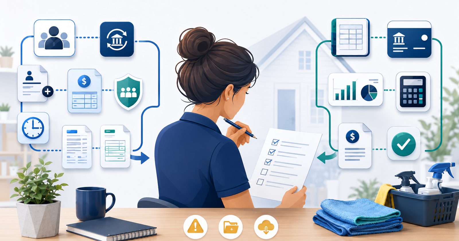 Small cleaning business owner comparing payroll and HR workflow against QuickBooks-centered payroll reporting, with employee cards, timecards, documents, accounting records, and verification warnings.