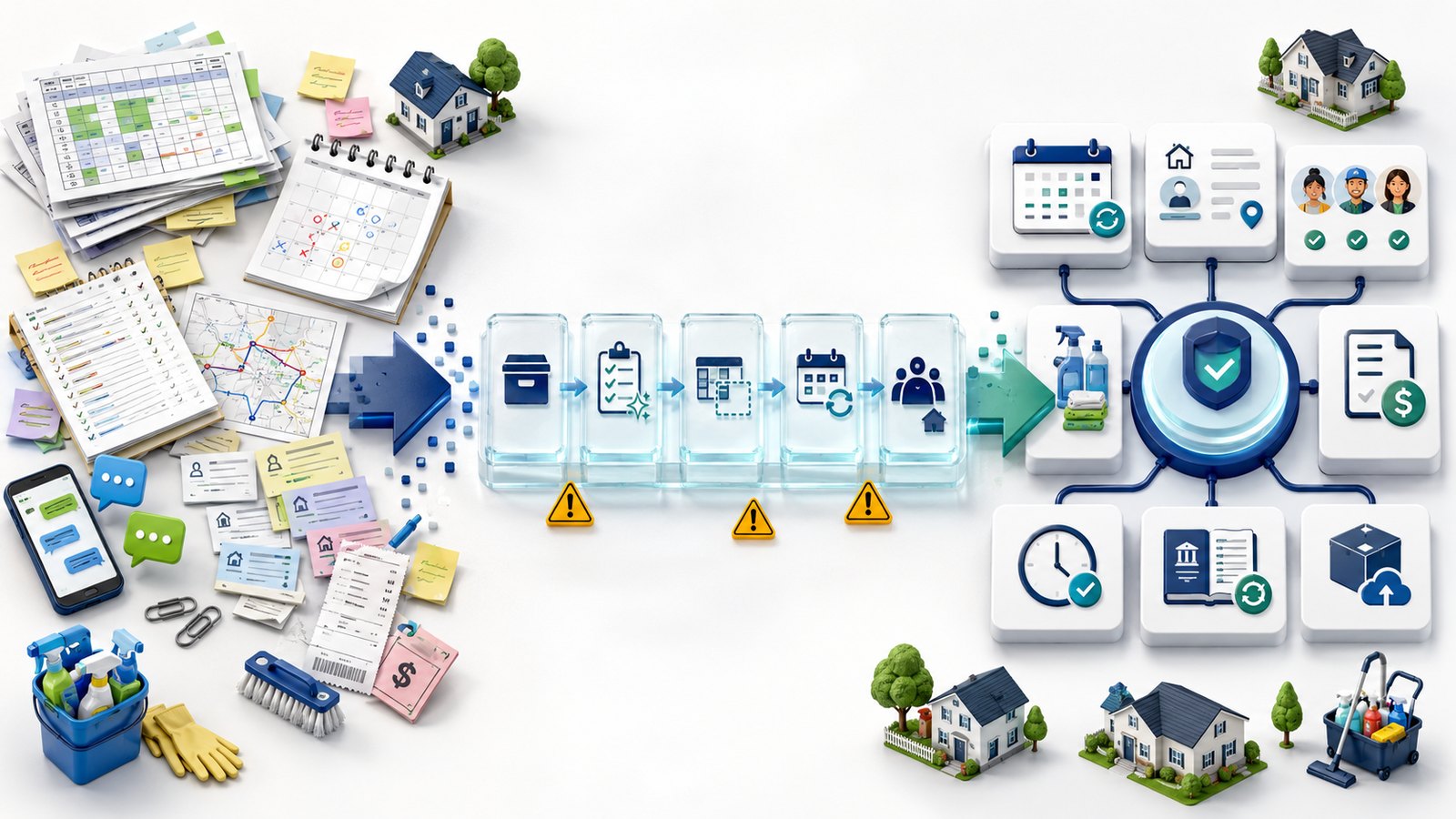 Cleaning business migration workflow showing spreadsheets, calendars, customer records, recurring schedules, payments, accounting handoff, cleaner assignments, exports, and backup moving into organized software.