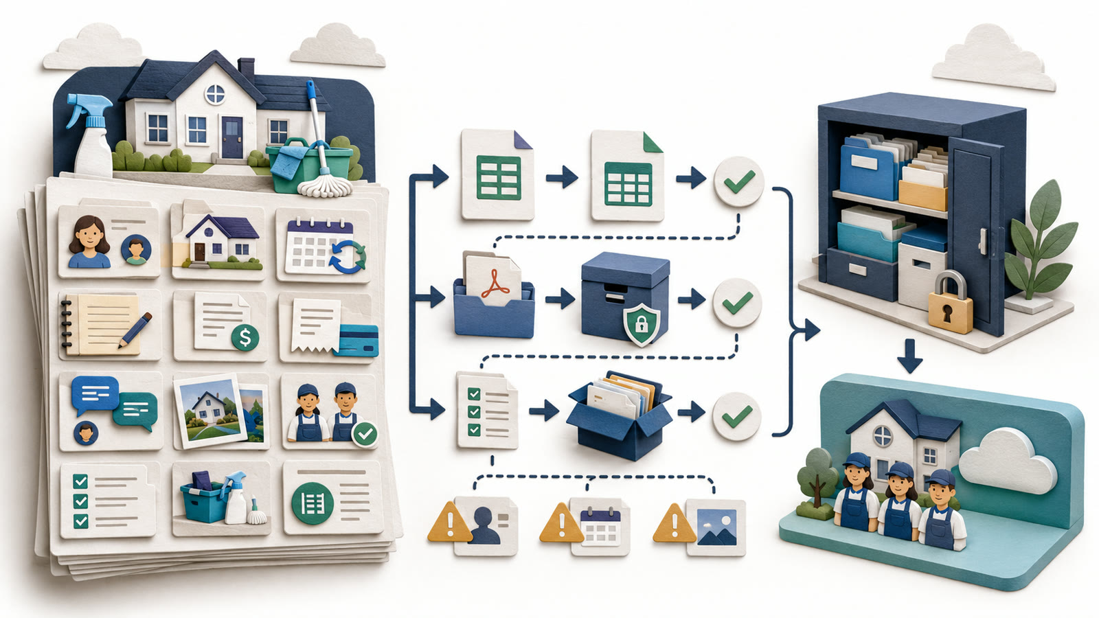 Paper-cut illustration of a cleaning business exporting customer records, job schedules, invoices, messages, photos, and checklists into a secure archive before switching software platforms.