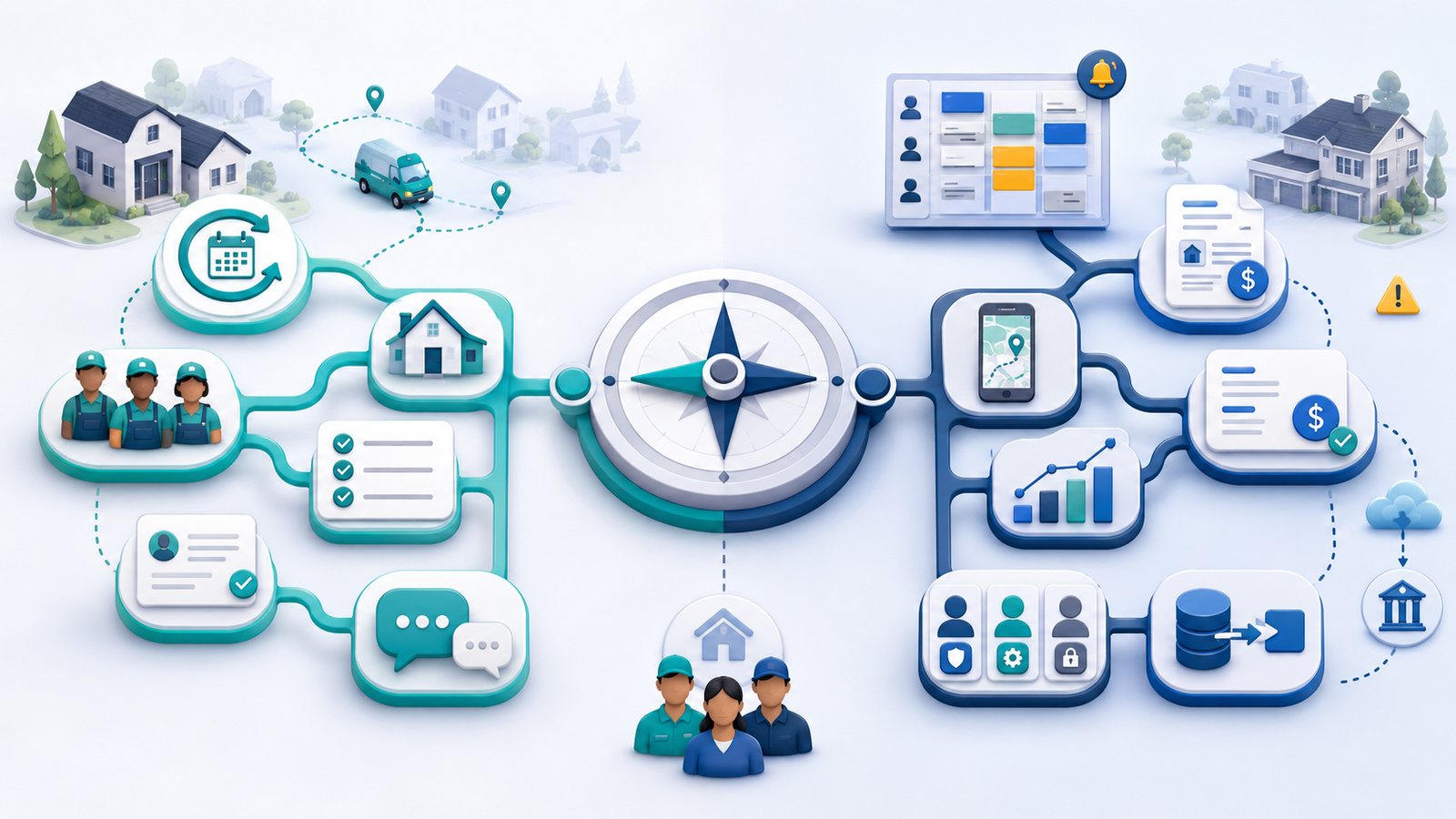 Decision-map illustration comparing specialized residential cleaning software with a broader field service management platform for scheduling, cleaner teams, mobile workflows, invoices, reporting, data export, and verification risks.
