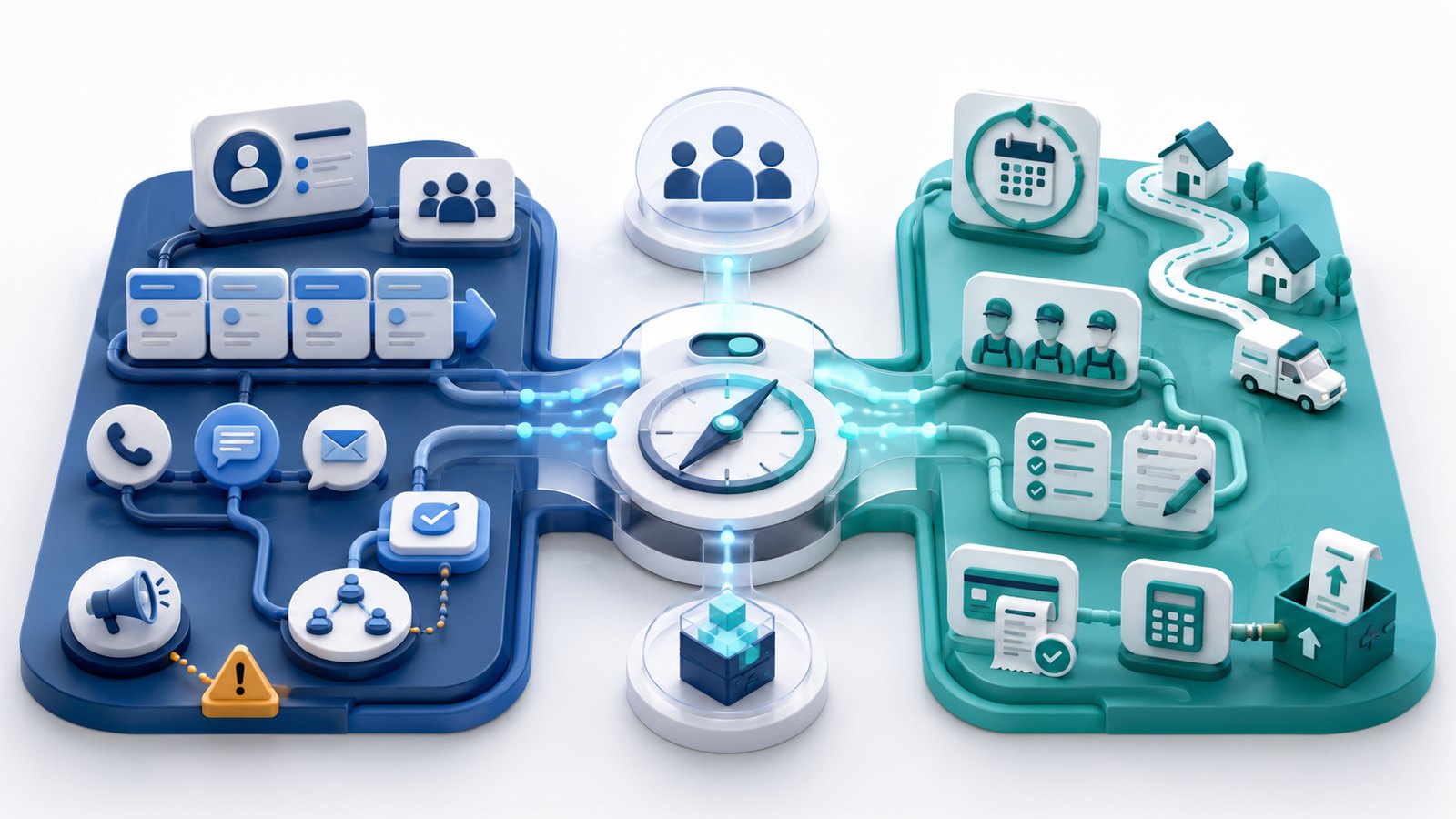 Semi-3D workflow illustration comparing CRM lead tracking with cleaning business operations software for residential cleaning teams.