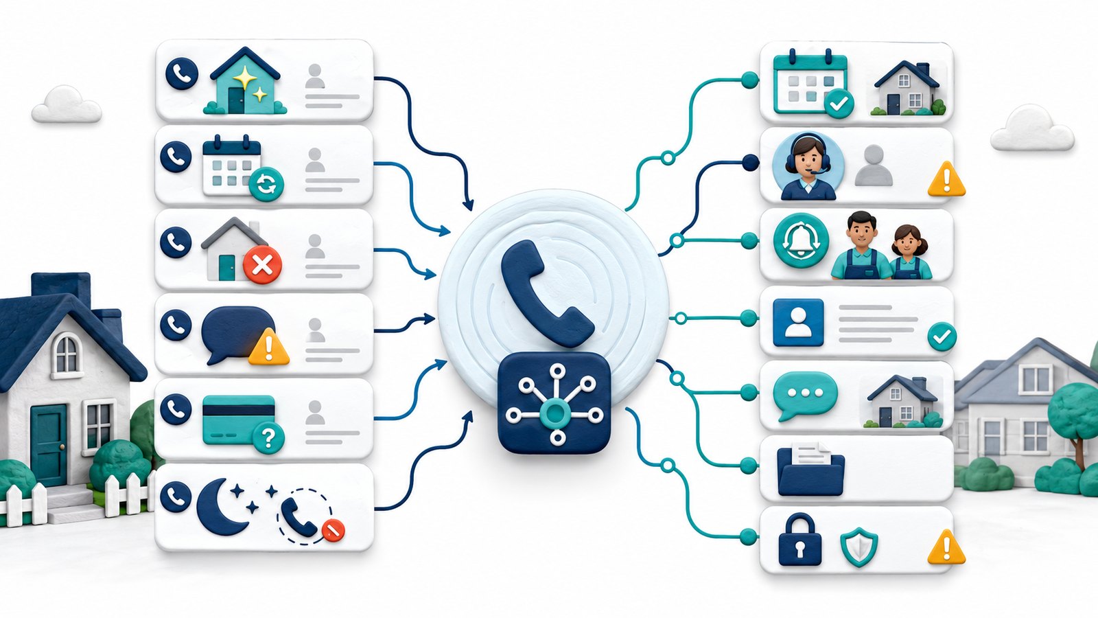 Clay-style illustration of AI receptionist call routing for a residential cleaning company, showing incoming calls, booking, human handoff, SMS, CRM notes, privacy, and escalation risk.