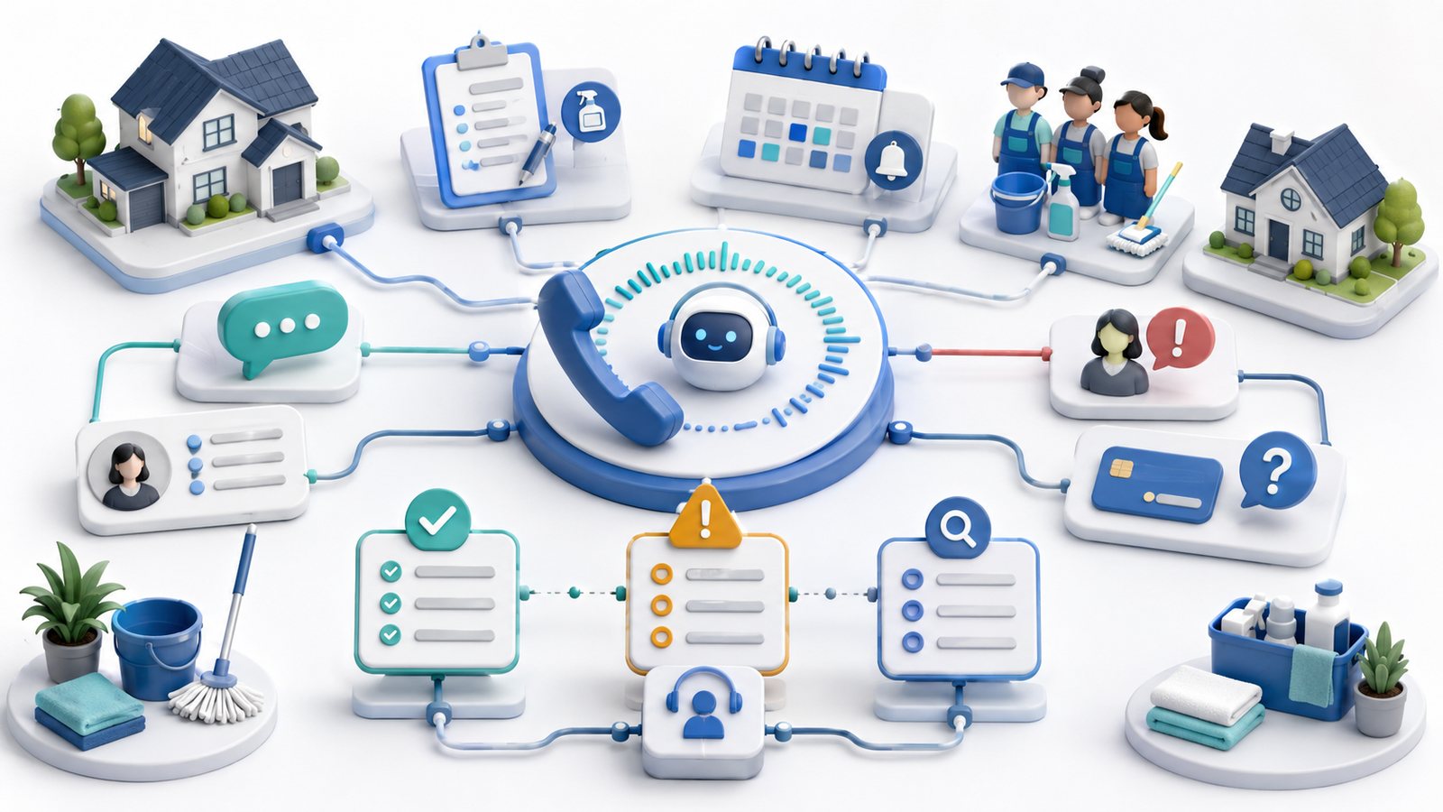 Semi-3D workflow illustration of an AI receptionist call-test plan for residential cleaning companies, showing phone intake, cleaning-service scenarios, escalation, SMS, scheduling, and software handoff.