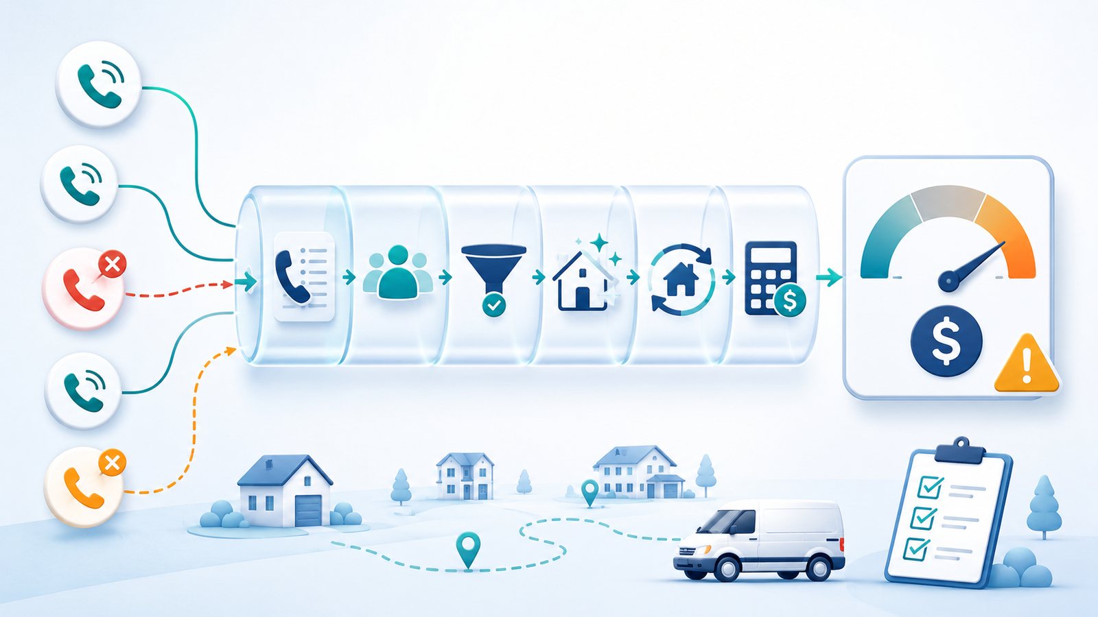 Semi-3D workflow illustration of missed calls flowing into a transparent calculator pipeline for a residential cleaning business, ending in a revenue-at-risk gauge and verification checklist.
