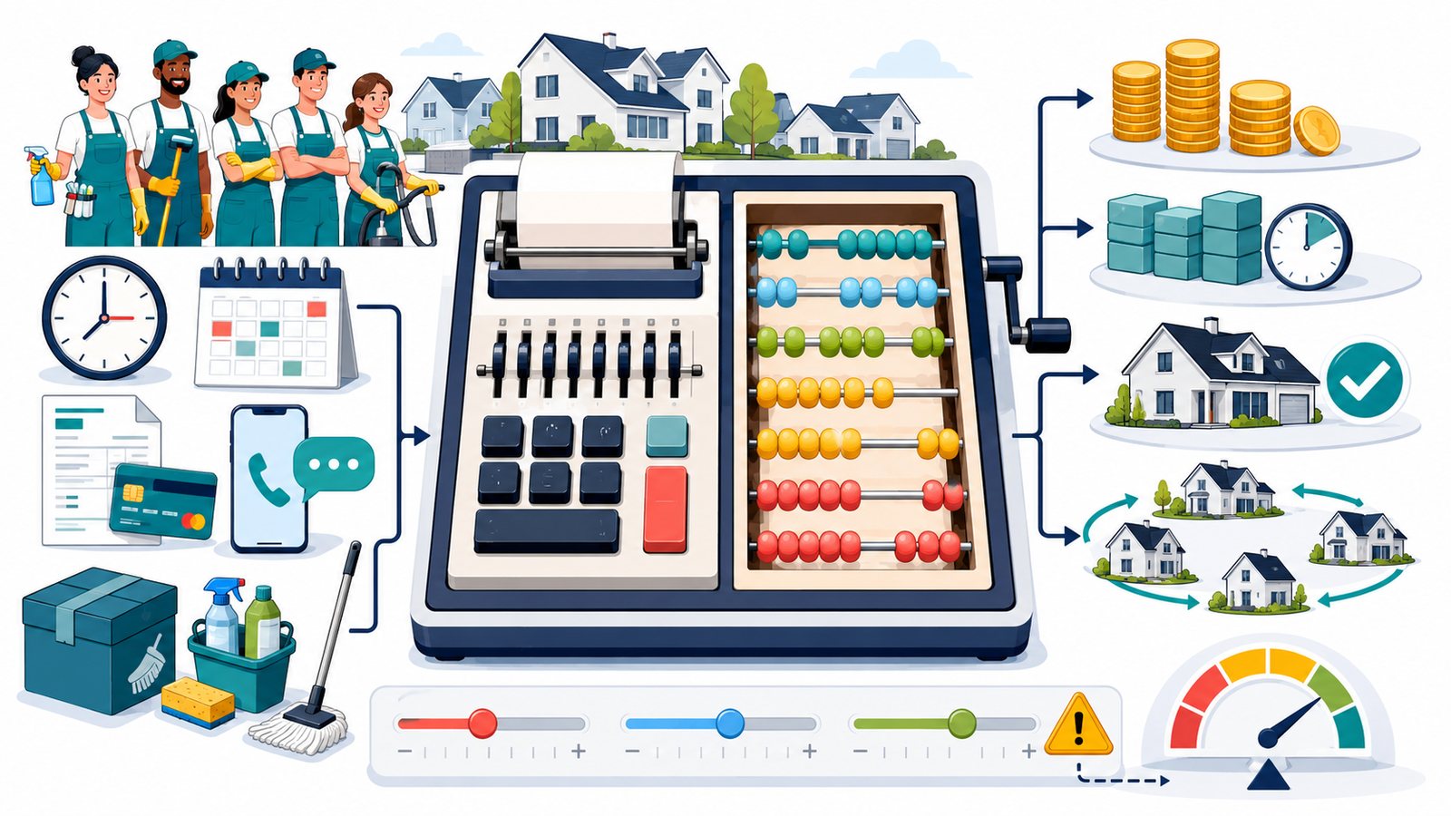 Editorial illustration of a cleaning business software ROI calculator with cost, labor-time, first-job, recurring-value, scenario, and break-even inputs and outputs.