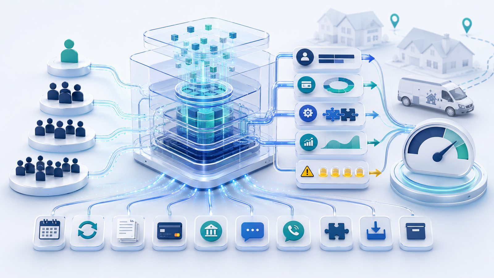Semi-3D cost-calculator workflow for residential cleaning software, showing team-size inputs, job-volume cost drivers, payment and add-on layers, unknown-cost warnings, and a final cost gauge.