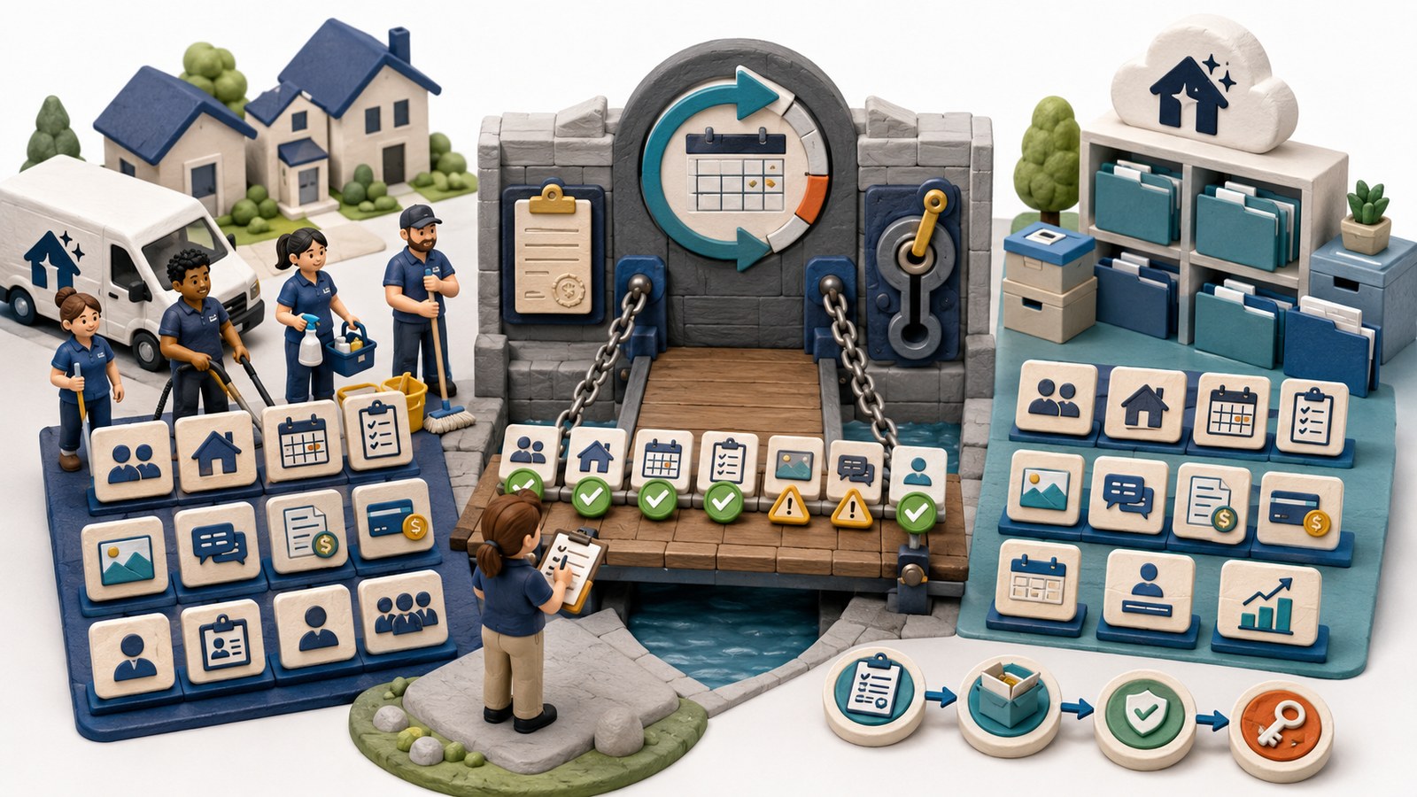 Residential cleaning business reviewing customer, job, schedule, message, payment, and media data before crossing a cancellation checkpoint into an independent archive.
