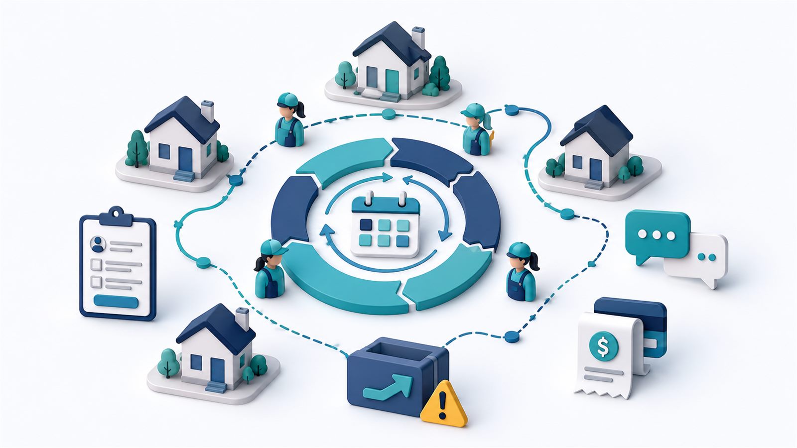 Recurring residential cleaning schedule loop with houses, cleaners, reminders, payments, and export warning icons