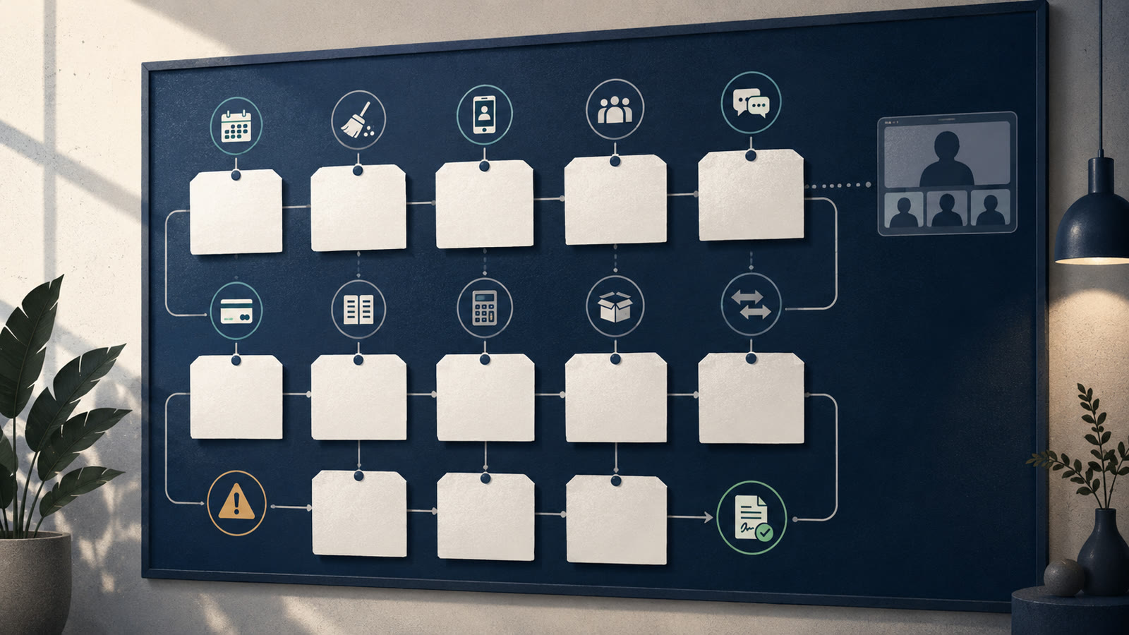 Illustration of a 15-question cleaning software demo checklist board with cards for scheduling, team access, SMS, payments, exports, migration, warnings, and written confirmation.