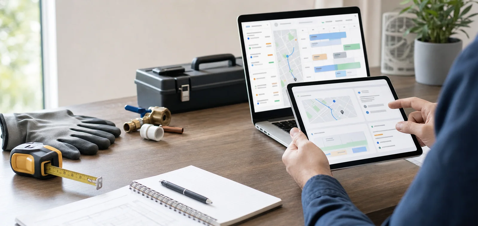 Field service operations dashboard on tablet and laptop